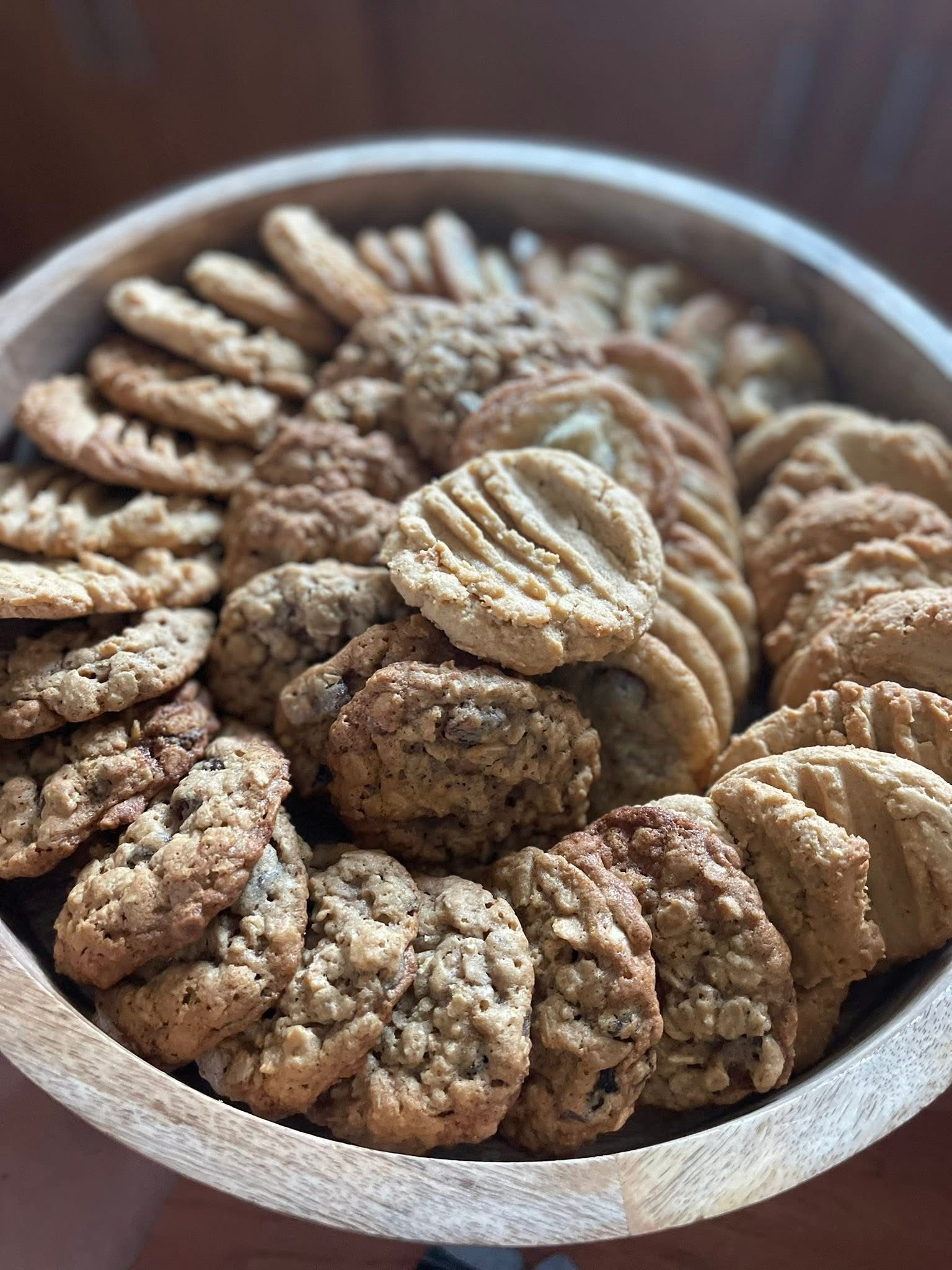 Plate of assorted homemade cookies, overhead view